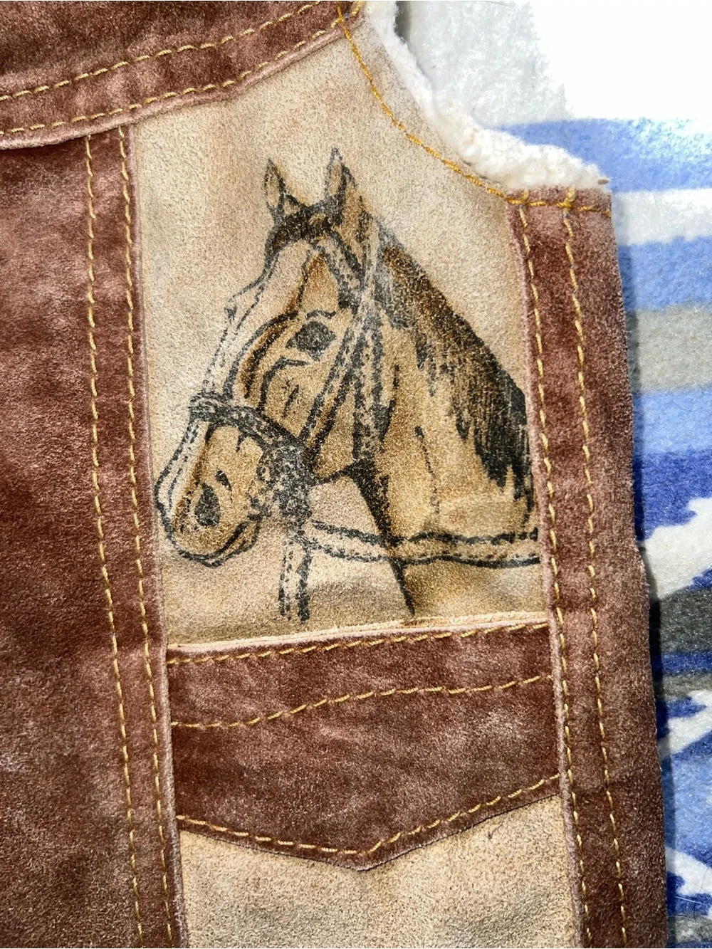 Vintage Handmade Kids Western Leather/Sherpa Vest Size 4 Horse & Rooster Design